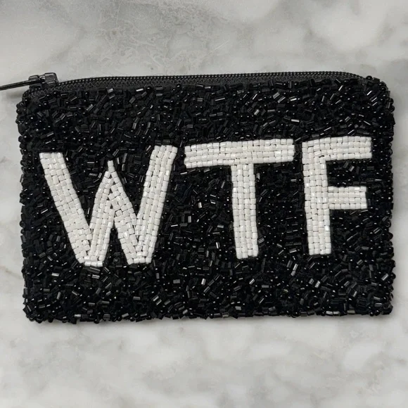 MOYNA “WTF” Black and White Beaded Zipper Pouch 5x3” - Picture 4 of 13